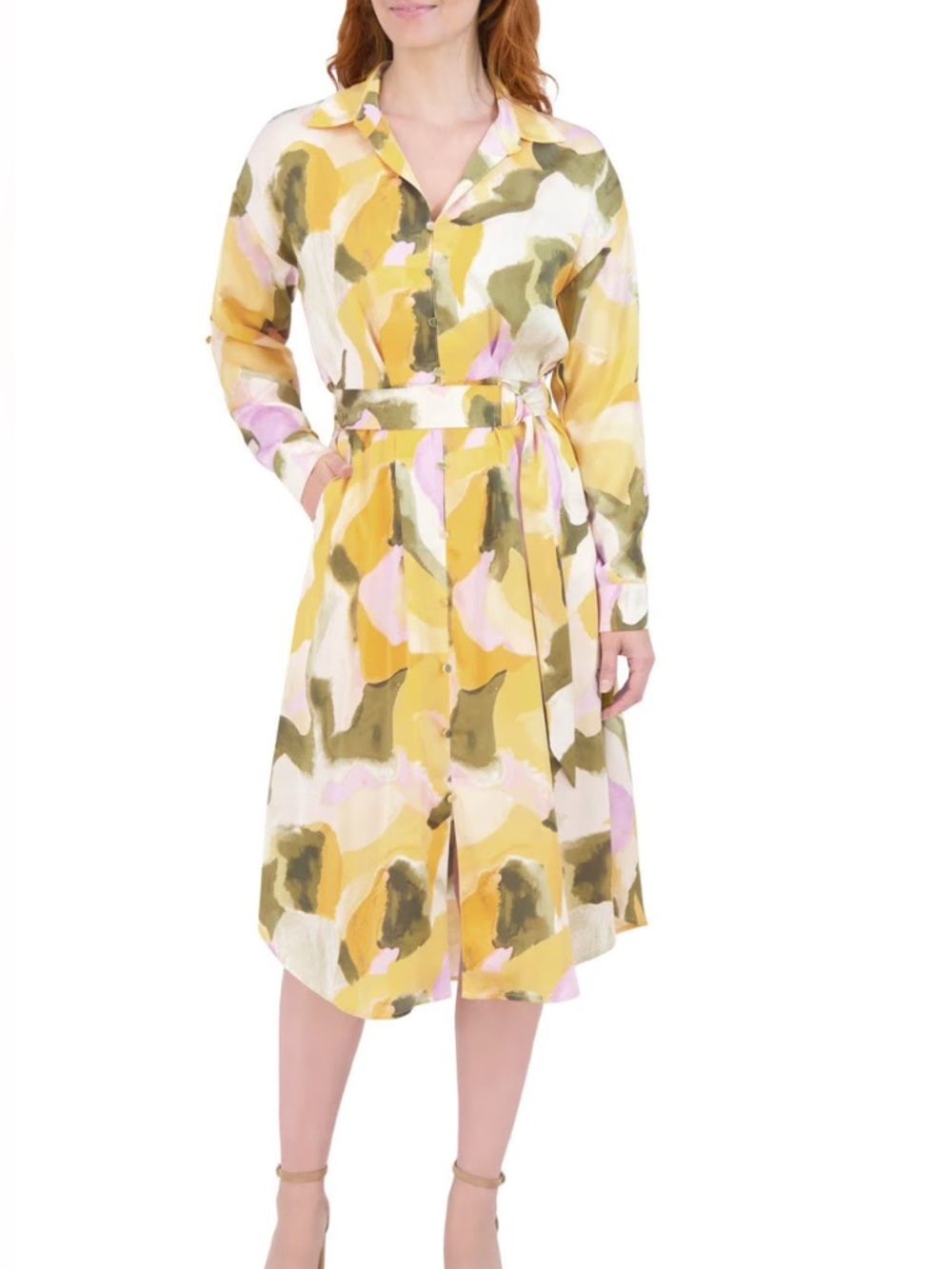 NWT French Connection Yellow Olive Pink Abstract Midi Shirt Dress